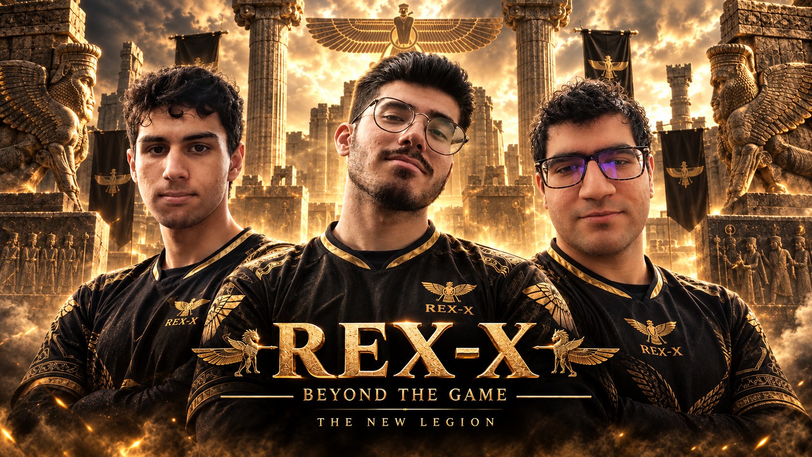 Three REX-X Rainbow Six Siege players in black and gold jerseys before an Achaemenid palace, with the REX-X emblem and the words Beyond the Game, The New Legion